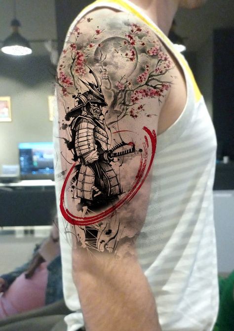 Trash Polka Samurai Tattoo, Samari Tattoos For Men, Japanese Swordsman Tattoo, Ronin Tattoo Design, Japanese Ronin Tattoo, 47 Ronin Tattoo, Japanese Shoulder Tattoo, Ghost Of Tsushima Tattoo, Japanese Samurai Tattoo Design