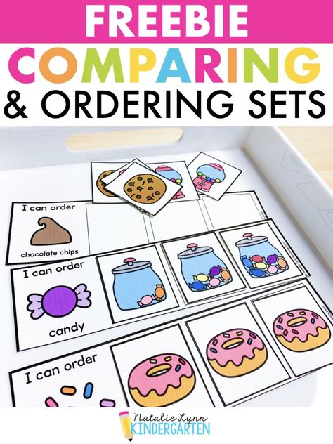 Make comparing numbers and ordering sets fun and engaging with these free kindergarten math centers and activities! Comparing Quantities Preschool, Kindergarten Math Books And Activities, Comparing Numbers Preschool, Making Sets Kindergarten Math, Comparing Numbers Kindergarten Games, Comparing Activities For Kindergarten, Early Finishers Kindergarten Free, Ordering Sets From Least To Greatest Kindergarten, Ordering Numbers Kindergarten