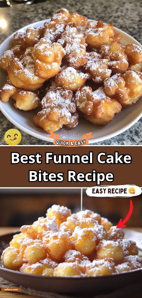 Bring the joy of the fair to your kitchen with Funnel Cake Bites. These delightful little treats are crispy on the outside, fluffy on the inside, and dusted with powdered sugar, perfect for sharing or indulging on your own. #FunnelCakeBites #FairFood #SweetSnack Mini Funnel Cake Bites, What To Bring To Party Food, Finger Foods For Kids Halloween Party, Snacks Savory Easy, Deep Fried Desserts Easy, Fluffy Dessert Recipes, Begniets Recipes Easy, Home Made Desserts Easy, Quick Food Ideas Snacks