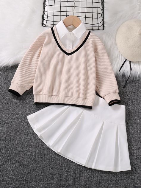 Multicolorido Casual Collar Manga Comprida  Bloco de cores  Embellished Elasticidade Baixa  Roupas para meninas Dr Kids, High Waist Pleated Skirt, Winter Outfits For Girls, Solid Skirt, High Waisted Pleated Skirt, Fall Party, Drawing Clothes, Barbie Dress, Toddler Girl Outfits