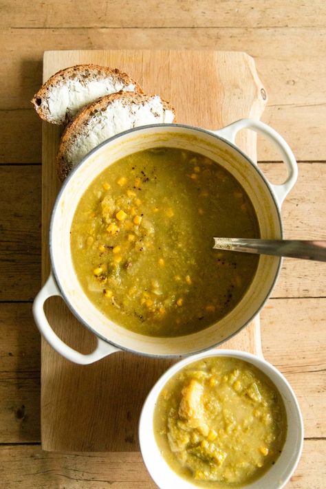 Asparagus Corn Chowder — madeleine olivia Asparagus Garlic, Corn Bisque, Cooking Soup, Lemon Potatoes, Corn Chowder, Vegan Recipes Healthy, Seasoning Recipes, Leeks, Palak Paneer