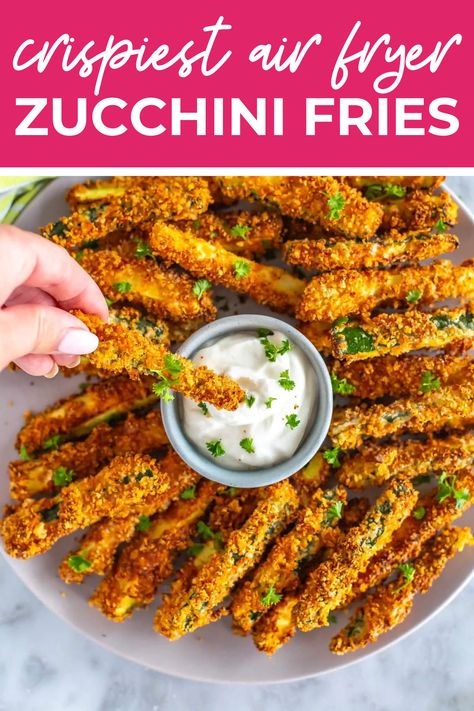 Air Fryer Zucchini Fries, Low Carb Appetizer, Air Fryer Zucchini, Weekend Cooking, Garlic Aioli, Low Carb Appetizers, Zucchini Fries, Air Fryer Healthy, Garlic Fries