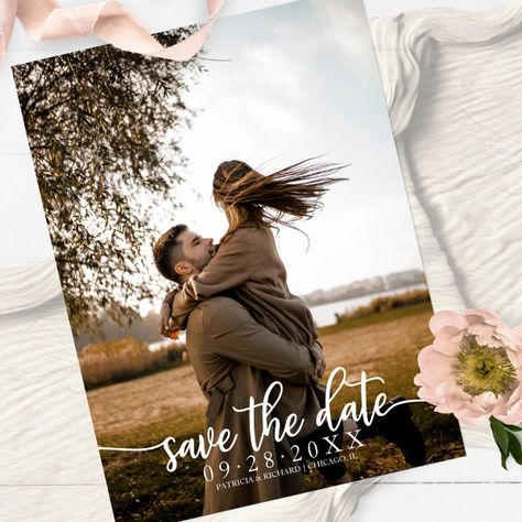 Elegant Calligraphy Wedding Save The Date Photo Postcard Save The Date Calligraphy, Photo Engagement, Wedding Announcement Cards, Unique Save The Dates, Date Photo, Elegant Calligraphy, Save The Date Photos, Calligraphy Wedding, Simple Invitation