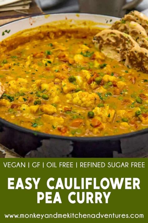 Bursting with pops of sweet peas and tender cauliflower, this Easy Cauliflower Pea Curry is a warming, aromatic dish the whole family will love. #wholefoodplantbased #vegan #oilfree #glutenfree #plantbased | monkeyandmekitchenadventures.com Cauliflower And Peas Recipe, Pea Curry, Monkey And Me Kitchen Adventures, Curry Recipes Easy, Plantbased Recipes, Easy Cauliflower, Plant Based Diet Recipes, Plant Based Whole Foods, Vegan Cauliflower