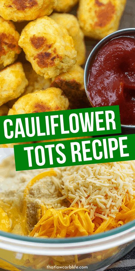 Cauliflower Tots are a lower carb version of your favorite tater tot. These cauliflower tots use simple ingredients for a quick and easy side dish to pair with dinner or lunch. #cauliflower #tots #lowcarb #sidedish #cheesy #veggie #recipe Food Recipes Low Carb, Keto Cauliflower Tots, Cauliflower Tater Tots, Tasty Cauliflower, Low Carb Life, Low Carb Meatloaf, Recipe Cauliflower, Cauliflower Tots, Diet Lunch