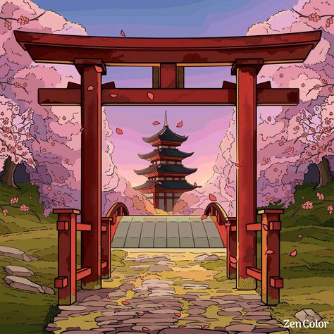 Asian Temple Drawing, Japanese Temple Illustration, Japanese Temple Drawing, Japanese Temple Art, Tori Gate, Blue Jurassic World, Japan Temple, Arte Aesthetic, Colour Drawing