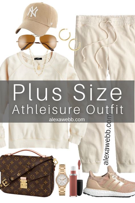 Plus Size Summer Athleisure Outfit with Matching Plus Size Ivory Cream Sweatshirt and Joggers, a baseball cap, adidas sneakers, and Louis Vuitton crossbody bag - Alexa Webb Summer Athleisure Outfits 2023 Plus, Plus Size Outfits Athleisure, Plus Athleisure Outfits, Cute Athleisure Outfits Plus Size, Plus Size Nike Outfits, Plus Size Athleisure Outfits Summer, Nike Outfits For Women Summer, Cap Adidas, Plus Size Athleisure Outfits