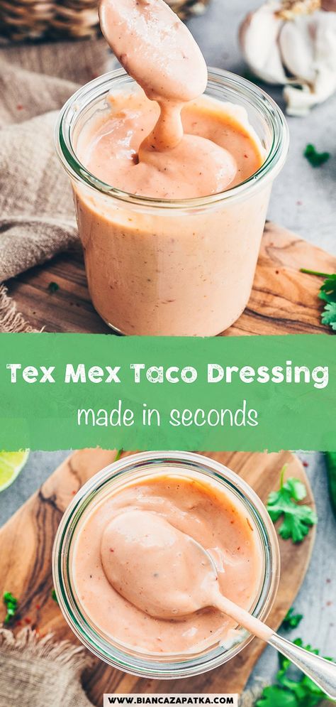 Tex-Mex Taco Sauce (Sriracha Mayo) A quick and easy recipe for a spicy Mexican-style Tex-Mex taco sauce - This creamy salad dressing with vegan mayo, ketchup, sriracha and lime juice is perfect as a sauce, dressing or dip for fresh salads, tacos, burritos, wraps, Buddha bowls and more! Taco Bowl Sauce Recipe, Taco Salad Sauce Recipe, Burrito Bowl Sauce Recipe, Mexican Mayo Sauce, Mexican Bowl Sauce, Tex Mex Sauce Recipes, Mexican Inspired Salad Dressing, Sauce For Taco Bowls, Taco Salad Sauce