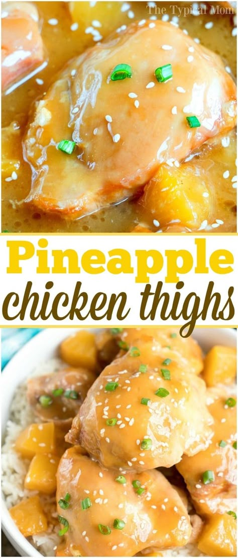 Here is an easy pineapple chicken recipe using chicken thighs that comes out sweet and really tender. Served over rice it's one of our favorite easy chicken recipes with a pineapple flavor and chunks that bring a subtle tropical flavor to your dinner. If you're looking for something different to serve, give this a try. #pineapple #chicken #easy #dinner #chickenthighs #baked Pineapple Chicken Thighs, Easy Pineapple Chicken, Pineapple Chicken Recipe, Ip Chicken, Pineapple Chicken Recipes, Recipe Using Chicken, Oven Chicken Recipes, Chicken Easy, Pineapple Recipes