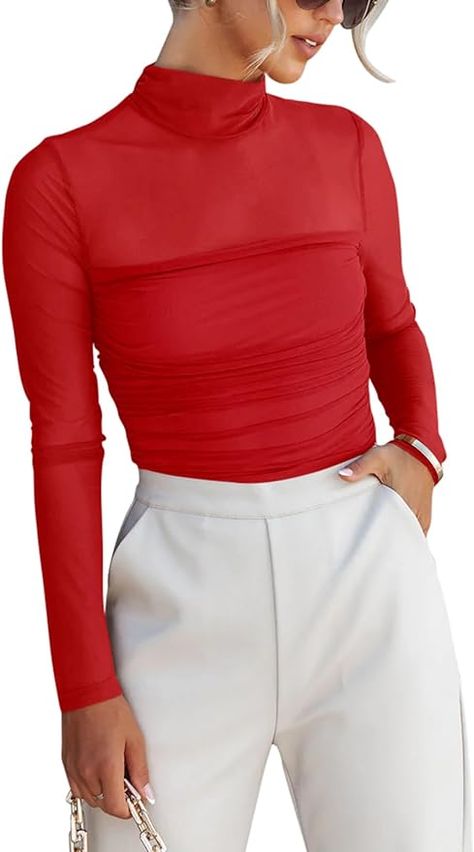 REORIA Women’s Fall Fashion Sexy Long Sleeve Mock Turtle Neck Sheer Mesh Slim Fit Ruched Night Out Leotard Bodysuits Tops Red X-Large at Amazon Women’s Clothing store Red Sheer Top, Going Out Outfits For Women, Turtle Neck Bodysuit, Black Mesh Bodysuit, Basic Bodysuit, Turtle Neck Long Sleeve, Mock Turtle Neck, Fashion Aesthetics, Mock Turtle