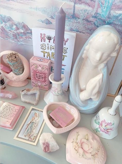 Aesthetic Altar, Magnificat Prayer, Pastel Goth Room, Colorful Goth, Pink Tarot, Altar Inspiration, Pastel Goth Decor, Danish Pastel Room, Soft Goth