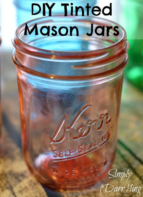 DIY Tinted Mason Jars Tinting Mason Jars Diy, Tinted Mason Jars, Mason Jar Projects, Diy Mason Jar, Diy Jar Crafts, Mason Jar Gifts, Painted Jars, Jar Diy, Mason Jar Diy