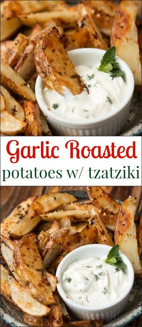 Greek Roasted Potatoes, Greek Sauce, Greek Marinated Chicken, Tzatziki Recipes, Garlic Roasted Potatoes, Oh Sweet Basil, Greek Potatoes, Recipes Potato, Egg Plant