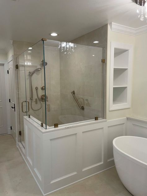 Complete Master Bathroom Reno - Modern - Bathroom - DC Metro - by Easy Renovations | Houzz Knee Wall Shower Ideas, Shower Knee Wall, Wall Pictures Ideas, Easy Renovations, Painting Bathroom Cabinets, Master Bath Shower, Glass Shower Doors Frameless, Knee Wall, Shower Lighting