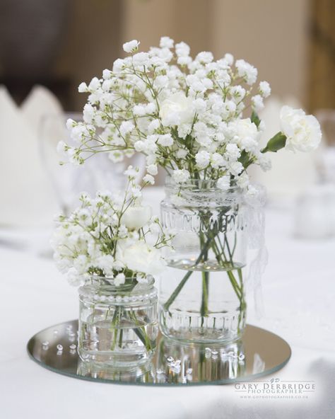 Gypsophelia Centre Piece, Gypsophila Table Decorations, Gypsophila Vase, Gypsophila Centrepieces, Mirror Centerpieces, Christening Table Decorations, Poland Wedding, Simple Table Centerpieces, Mirror Centerpiece