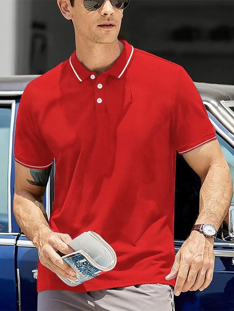 Men Contrast Trim Polo Shirt | SHEIN USA Men’s Red Outfit, Red Polo Shirt Outfit Men, Red Polo Shirt Outfit, Red Color Outfits, Red Shirt Outfits, Polo Outfit Men, Polo Shirt Outfit Men, Men Essentials, Sporty Outfits Men