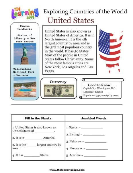 Learn Geography, Usa Facts, Reading Comprehension For Kids, Increase Knowledge, Country Studies, Country Facts, English Articles, Worksheet For Kids, 2nd Grade Worksheets