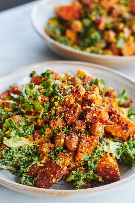 Massaging Kale, Kale And Sweet Potato Salad, Kale Sweet Potato Salad, Deliciously Ella Recipes, Ella Vegan, Creamy Kale, Sweet Potato Salad Recipe, Sweet Potato Salad, Deliciously Ella