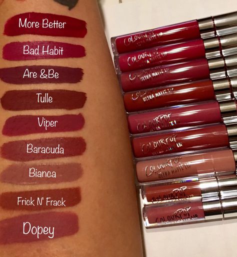 ColourPop Liquid Lipstick in More Better  Bad Habit  Are & Be Tulle Viper Baracuda  Bianca Frick N' Frack Dopey Good Lipsticks, Light Makeup For Teens, 90s Lipstick, Colourpop Liquid Lipstick, Matte Make Up, Colourpop Lipstick, Maybelline Superstay, Lipstick Kit, Batons Matte