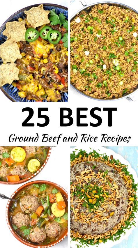 This collection of easy Ground Beef and Rice Recipes includes and array of recipes including soups, casseroles, and one skillet meals. Ground Beef And Rice Recipes, Beef And Rice Recipes, Ground Beef Burritos, Thai Basil Beef, Easy Stuffed Cabbage, Beef Biryani, Best Ground Beef Recipes, Ground Beef And Rice, Ground Beef Rice