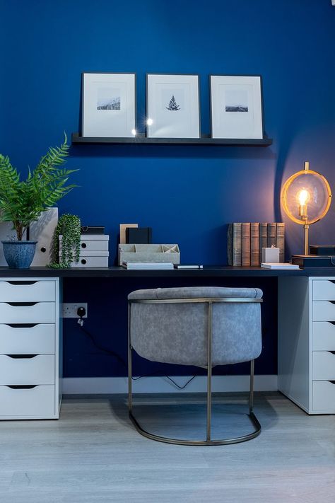 Blue Study Spaces - Work From Home Office Decor Blue Grey Office Walls, Blue And White Study, Study Room Wall Painting Ideas, Home Office Dark Walls, Navy Study, Blue Office Ideas, Interior Design Modern Farmhouse, Painted Study, Blue Office Decor