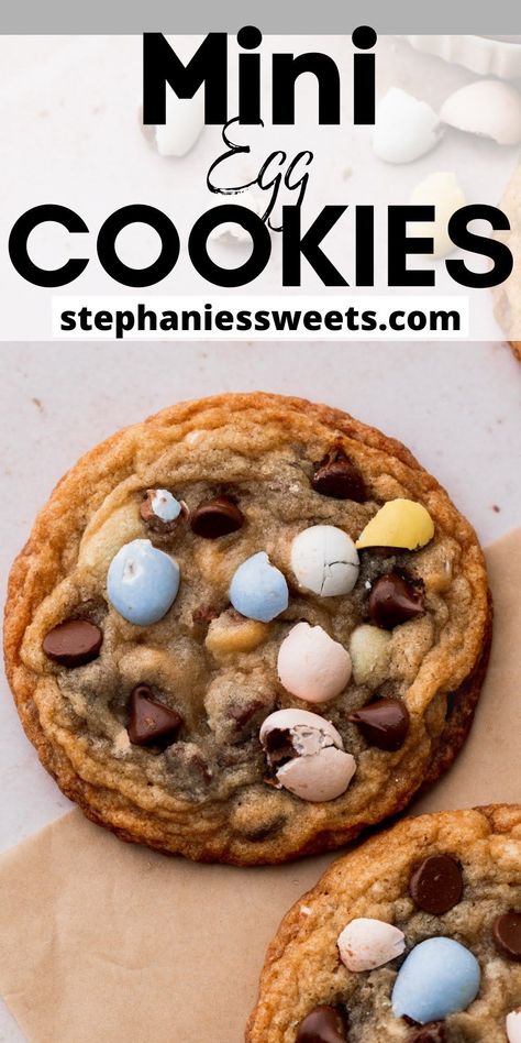 These mini egg cookies are perfect for Easter. They are full of chopped mini eggs and chocolate chips and are large, chewy cookies with crisp edges. Easter Choc Chip Cookies, Mini Egg Cookies Chewy, Mini Egg Cookies Recipe, Large Chocolate Chip Cookies, Easter Chocolate Chip Cookies, Mini Egg Cookies, Mini Eggs Cookies, Easter Meal, Spring Time Desserts