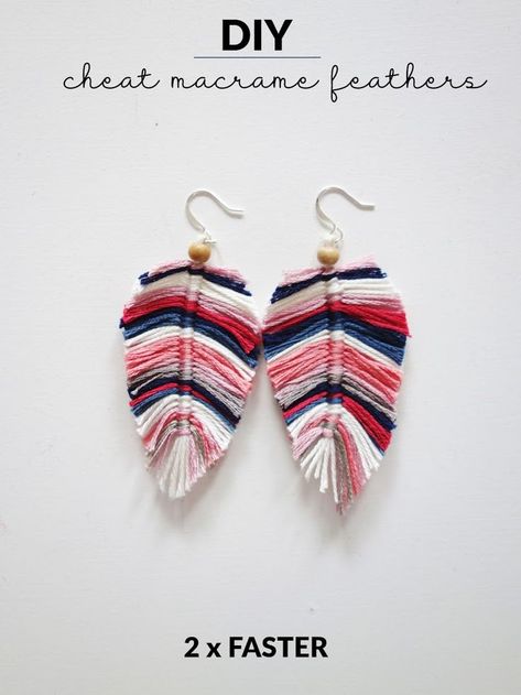 Unfortunately, this tutorial isn’t available anymore. You might like this one instead from Crafting on the Fly. You can switch up the type of yarn or embroidery floss to get a look similar to the… More Knit Earrings, Feather Earrings Diy, Diy Macrame Earrings, Macrame Feathers, Diy Jewelry To Sell, Diy Jewelry Earrings, Macrame Earrings, Earring Tutorial, Macrame Projects