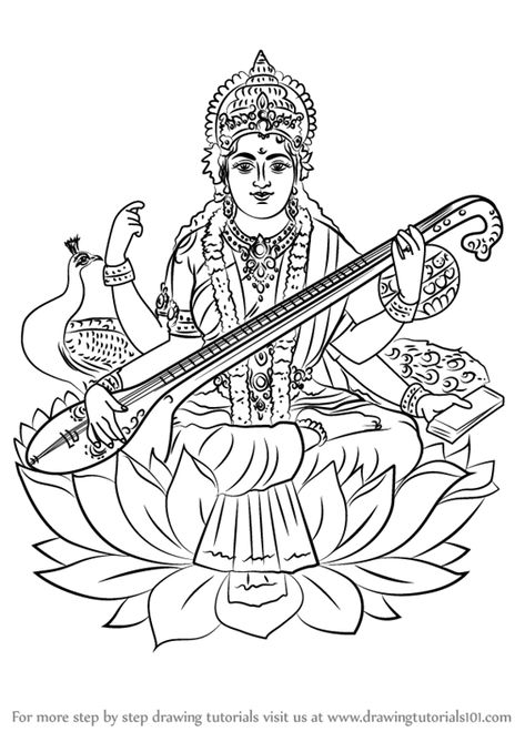 Step by Step How to Draw Saraswathi ati : DrawingTutorials101.com Saraswati Painting, Pencil Drawing Pictures, Buddhist Art Drawing, Boho Art Drawings, Learn Drawing, Indian Art Paintings, Art Drawings Sketches Creative, Hindu God, God Art