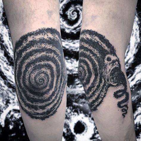 Junji Ito Tattoo Ideas, Junji Ito Tattoo, Elbow Tattoo Ideas, Spiral Tattoos, Elbow Tattoo, Tattoo Salon, Goth Tattoo, Sharpie Tattoos, Scary Tattoos