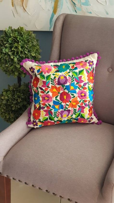 Aqua Bedroom Ideas, Mexican Boho Decor, Mexico Embroidery, Mexican Style Home, Bed Throw Pillow, Mexican Pillow, Purple Pillow Covers, Mexican Pillows, Mexican Boho