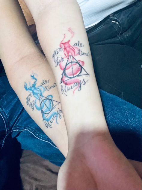 Sister Harry Potter Tattoos, Harry Potter Couple Tattoos, Matching Harry Potter Tattoos, Harry Potter Couples, Partner Tattoos, Couples Tattoo, Bookish Tattoos, Matching Sister Tattoos, Harry Potter Tattoos