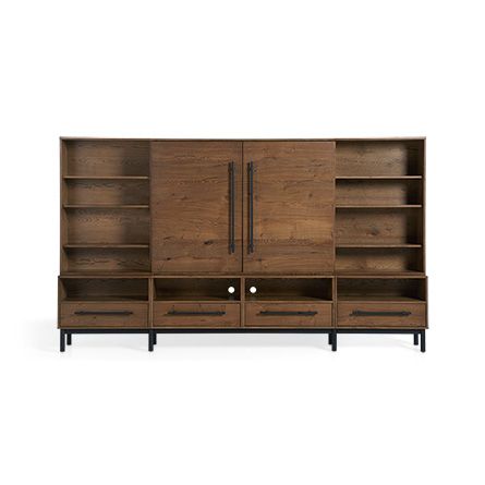 Sullivan 126" Wall Unit Random Accessories, Media Wall Unit, Sliding Cabinet Doors, Media Consoles, Living Room Wall Units, Arhaus Furniture, Functional Home, Living Room Bookcase, Rustic Contemporary