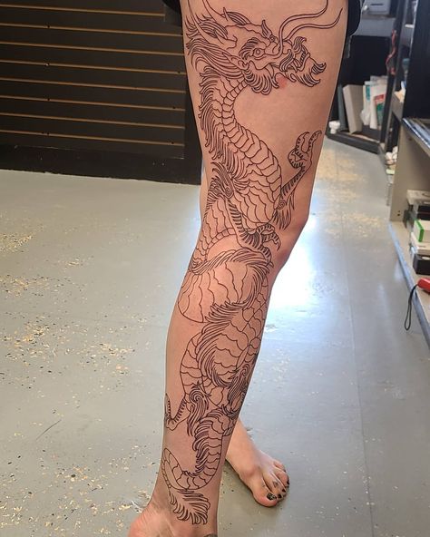 dragon leg progress. cross-posting because I just discovered this wonderful sub! some not-so-traditional linework interior, filling out this beautiful outline // Work by Will Weber at Mutiny Tattoos (Kingston, ON). : r/irezumi Leg Tattoo Dragon, Dragon Wrapped Around Leg Tattoo, Wrapped Around Leg Tattoo, Around Leg Tattoo, Dragon Tattoo Leg, Keep It To Yourself, Leg Tattoo, Dragon Tattoo, Leg Tattoos