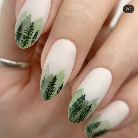 #winternails #winternails2023 #winternailsacrylic #shortwinternails2024 #elegantwinternails #simplewinternails #cutewinternails #winternailsshort #nails #nail #nailsideas #nailsdesign Forest Nail Art Trees, Forest Aesthetic Nails, Eucalyptus Nail Art, Woodland Theme Nails, Green Tree Nails, Wilderness Nails, Camping Themed Nails, Forest Themed Nails, Mountain Nail Art Design