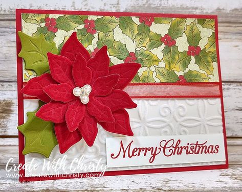 Video Included - Learn how to make a beautiful Christmas card the quick & easy way - Stampin' Up! Poinsettia Place Suite & Red Velvet Paper - August - December 2020 Mini Catalog - quick & easy handmade Christmas card - A Beautiful, Quick & Easy Christmas Card - Create With Christy - Christy Fulk, Independent SU! Demo Paper Layering, Winter Bulletin, Poinsettia Cards, Card Inspo, Christmas Money, Beautiful Christmas Cards, Stampin Up Christmas Cards, Money Holders, Christmas Poinsettia