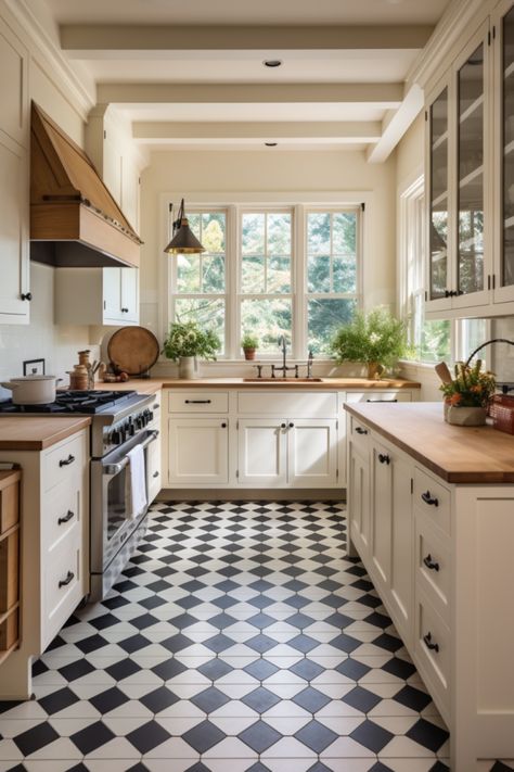 White Kitchen Checkered Floor, European Farmhouse Kitchen, Small Farmhouse Kitchen, Old Home Remodel, Kitchen Farmhouse, Farmhouse Kitchen Design, Cottage Kitchens, Dream House Rooms, Kitchen Remodel Idea