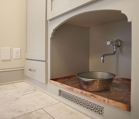 Dog Built In Water Bowl, Dog Room In Mudroom, Dog Feeding Station With Pot Filler, Dog Bowl Pot Filler, Dog Bowls In Mudroom, Dog Water Bowl Station, Dog Bowl Under Sink, Pot Filler Dog Bowl, Kitchen Dog Food Station