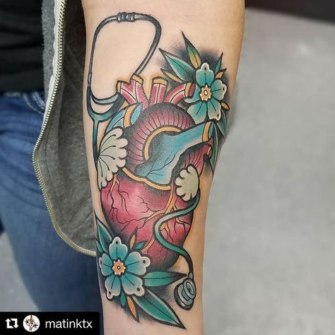 Healthcare Tattoo, Stethoscope Tattoo, Doctor Tattoo, Anatomical Heart Tattoo, Beaumont Texas, Traditional Tattoo Flowers, Medical Tattoo, Texas Tattoos, Nurse Tattoo