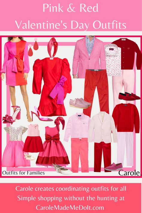 Red And Pink Family Photos, Pink And Red Family Photo Outfits, Family Valentines Day Photoshoot Outfits, Valentines Day Looks Outfit, Valentine Couple Outfits, Pink And Red Party, Lioness Painting, Red And Pink Outfit, Pink And Red Outfit