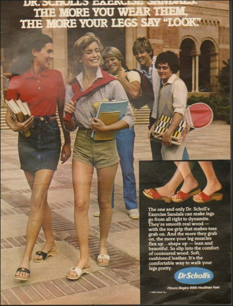 1983 Print ad for Dr. Scholl's exercise sandals`retro shoes Fashion photo | eBay Dr Scholls Sandals Outfits, 80s Retro Fashion Women, 80s Fashion Ads, 1980s Casual Fashion, Dr Scholls Shoes Outfit, 1980s Aesthetic Fashion, Retro Shoes 70s, 1980s Summer Fashion, Real 80s Photos