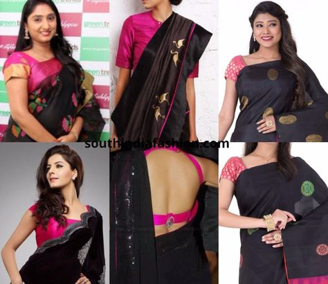 Pink Blouse With Black Saree Saree Looks, New Saree, Black Saree, Saree Look, Pink Blouse, Saree Blouse, Black Blouse, Blouse Designs, Blouses