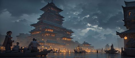 Chinese City Art, Minecraft Castle Designs, The Twelve Kingdoms, City Artwork, Japan Image, Chinese New Year Design, Building Concept, Castle Designs, Night Scenery