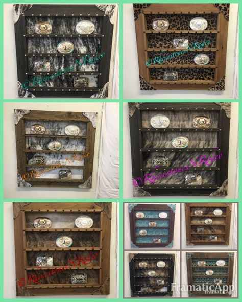 Custom Handmade Buckle Display Frames. Available with Cowhide or Embossed Leather. Decorative tacks. A Beautiful way to display all those special awards. $185 Free Shipping in Continental US. http://rhinestonesnrodeo.com/new-category/ Rhinestones N Rodeo Syracuse, KS (CUSTOM AWARD IDEAS) Buckle Shelf Display, Buckle Display Ideas, Rodeo Awards Ideas, Belt Buckle Display, Western Diy, Buckle Display, Saddle Racks, Cowhide Furniture, Diy Belts