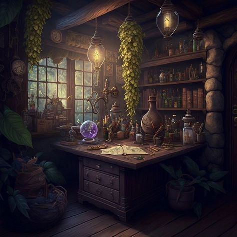 Wizard Laboratory Concept Art, Potions Lab Aesthetic, Alchemy Laboratory Fantasy Art, Alchemy Shop Fantasy Art, Fantasy Alchemy Lab, Witch Office Decor, Fantasy Shop Aesthetic, Fantasy Apothecary Shop, Apothecary Concept Art