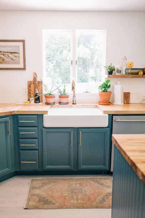 Our Kitchen: A Year Later | Jess Ann Kirby Teal Kitchen Cabinets, Teal Cabinets, Teal Kitchen, Blue Kitchen Cabinets, Butcher Block Countertops, Interior Modern, Blue Kitchens, Kitchen Reno, Painting Kitchen Cabinets