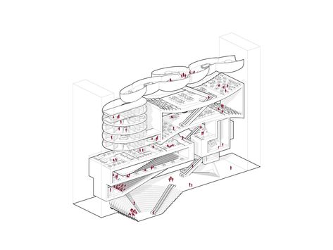 Gallery of REX Designs Conjoined Media Towers with Retractable Facade for Middle East - 14 Tower Section, Media Towers, Section Architecture, Axonometric View, Media Tower, Axonometric Drawing, Architectural Competition, Tower Design, Glass Facades