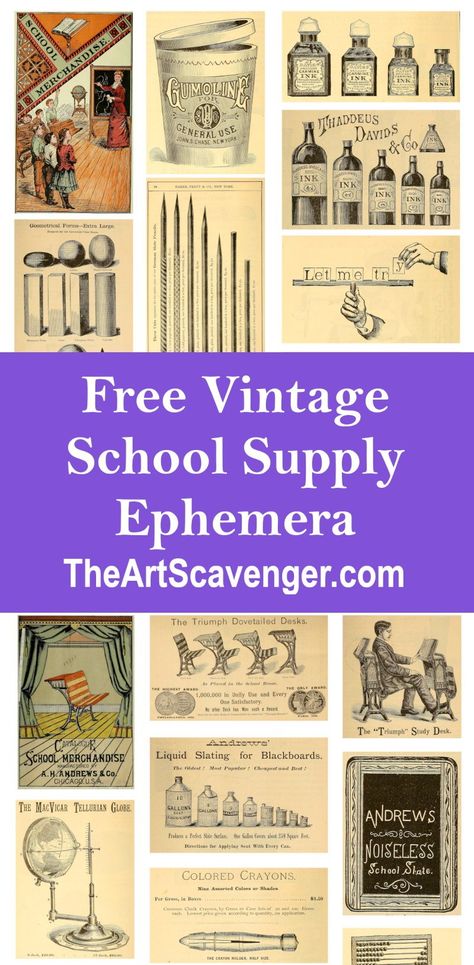 Free Vintage School Supply Ephemera — The Art Scavenger School Junk Journal, Junk Journal Ephemera Free Printable, Ephemera For Junk Journals, Free Printable Words For Junk Journals, Vintage Labels Printables Free Templates, Vintage Scrapbook Ideas Free Printables, Free Vintage Printables Ephemera, Free Junk Journal Vintage Printables, Vintage Paper Printable Free