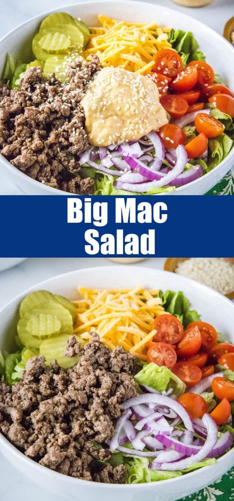 Big Mac Salad Bowl, Big Mac Chopped Salad, Hamburger Salad Dressing, Amazing Salad Recipes, Big Mac Bowl, Big Mac Salad Recipe, Hamburger Chicken, Easy Homemade Salad, Hamburger Salad