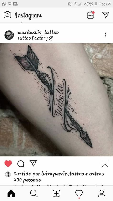 Arrow Tattoo For Men On Arm, Name And Arrow Tattoo, Arrow Name Tattoo Men, Archer Tattoo Men, Arrow Tattoo Design For Men, Name Arrow Tattoo, Daughter Name Tattoo For Men, Arrow With Name Tattoo, Arrow With Feather Tattoo