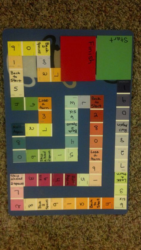 I made a generic math game board from paint samples and a plastic place mat. Laminated to make it durable. Math Game Board Project Ideas, Math Board Games Diy Project, Homemade Board Game Ideas, Diy Board Games, Homemade Board Games, Drinking Card Games, Math Board Games, Family Feud Game, Math Board